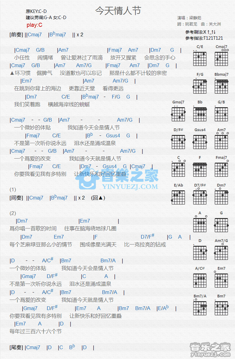 今天情人节吉他谱,原版歌曲,简单C调弹唱教学,六线谱指弹简谱1张图