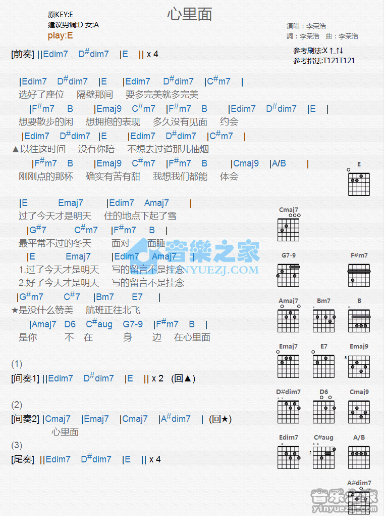 心里面吉他谱,原版歌曲,简单E调弹唱教学,六线谱指弹简谱1张图