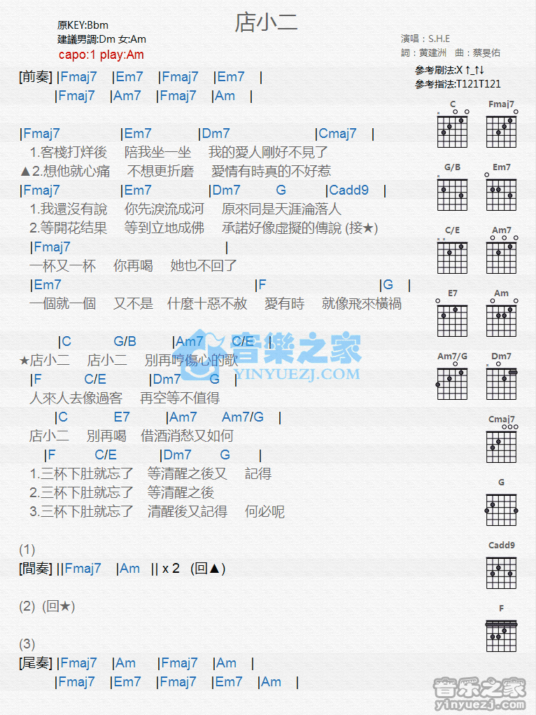 店小二吉他谱,原版歌曲,简单C调弹唱教学,六线谱指弹简谱1张图