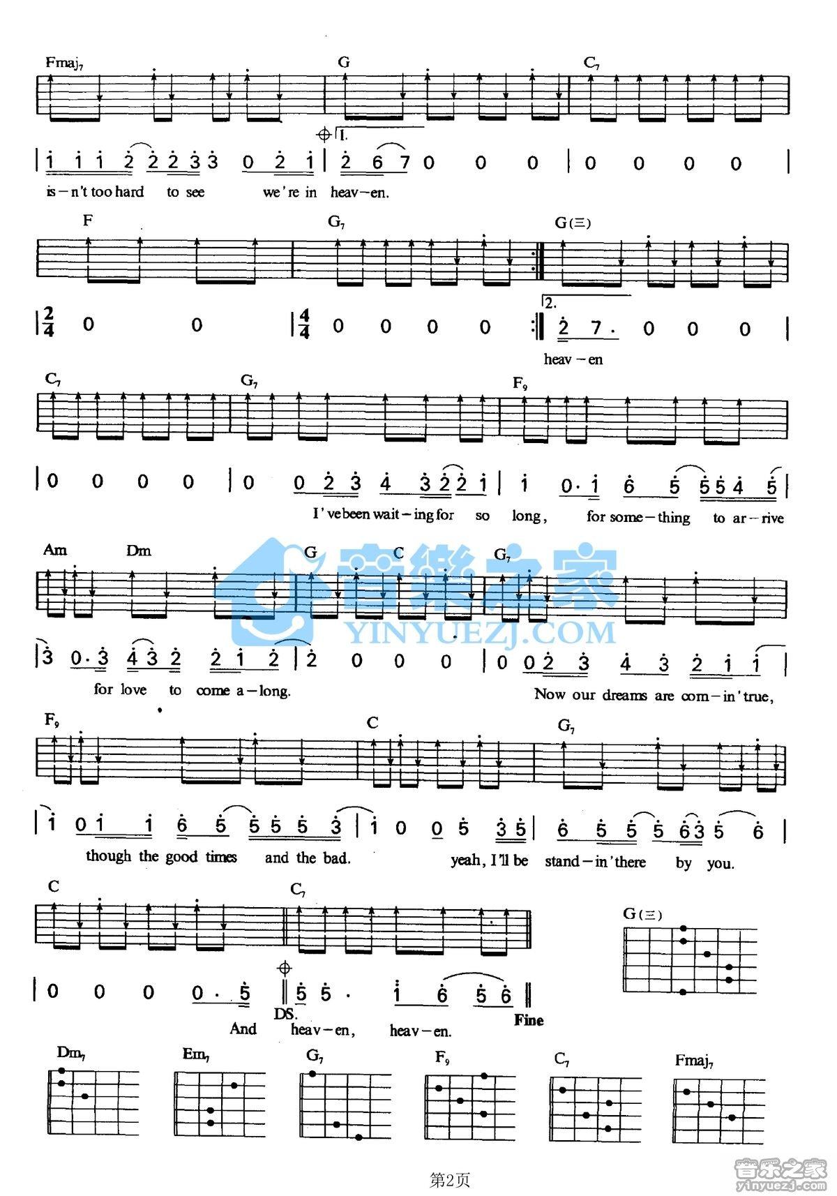 Heaven吉他谱,原版歌曲,简单C调弹唱教学,六线谱指弹简谱2张图