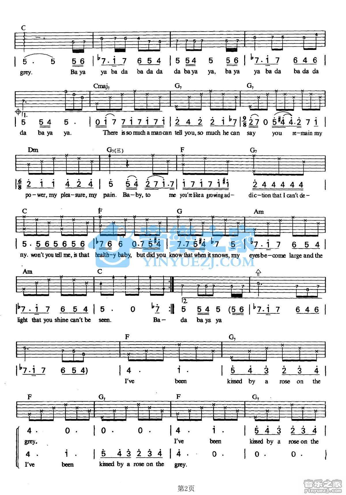KissfromaRose吉他谱,原版歌曲,简单C调弹唱教学,六线谱指弹简谱2张图