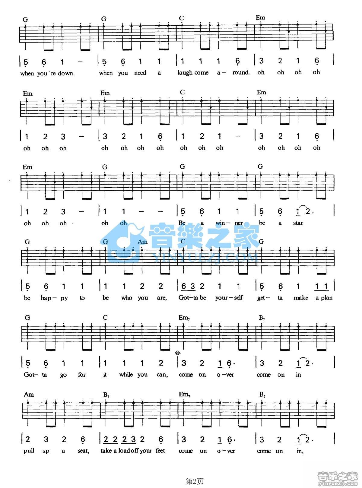 ComeOnOver吉他谱,原版歌曲,简单G调弹唱教学,六线谱指弹简谱2张图