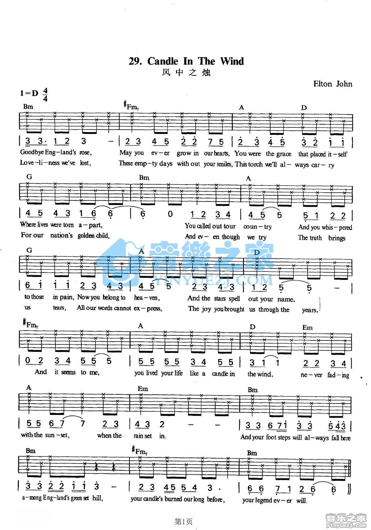 CandleintheWind吉他谱,原版歌曲,简单D调弹唱教学,六线谱指弹简谱1张图