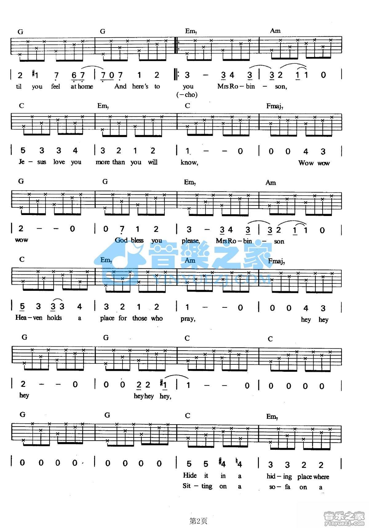 MrsRobinson吉他谱,原版歌曲,简单C调弹唱教学,六线谱指弹简谱2张图