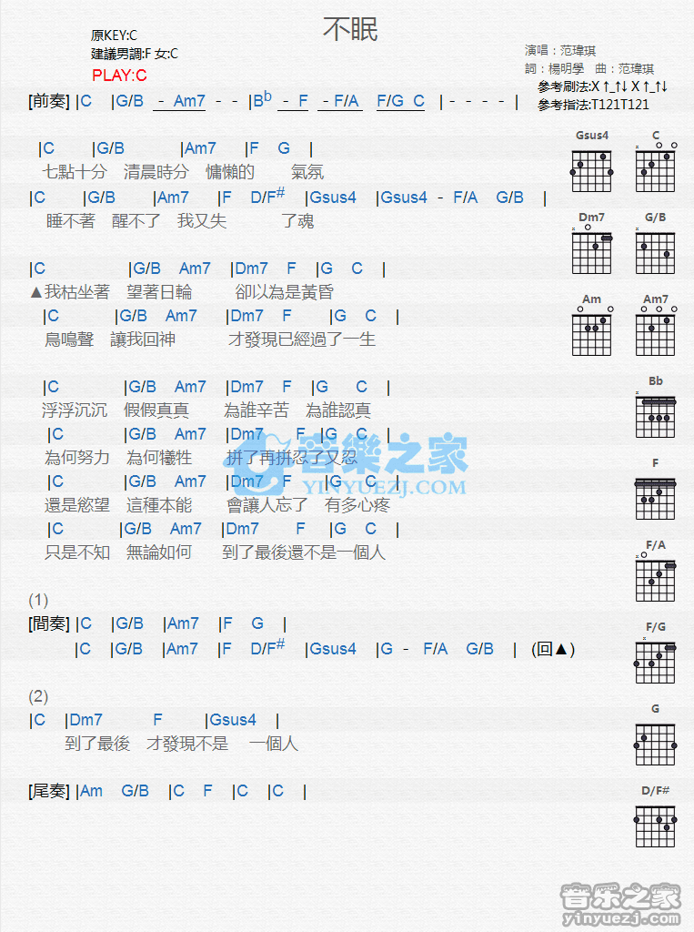 不眠吉他谱,原版歌曲,简单C调弹唱教学,六线谱指弹简谱2张图