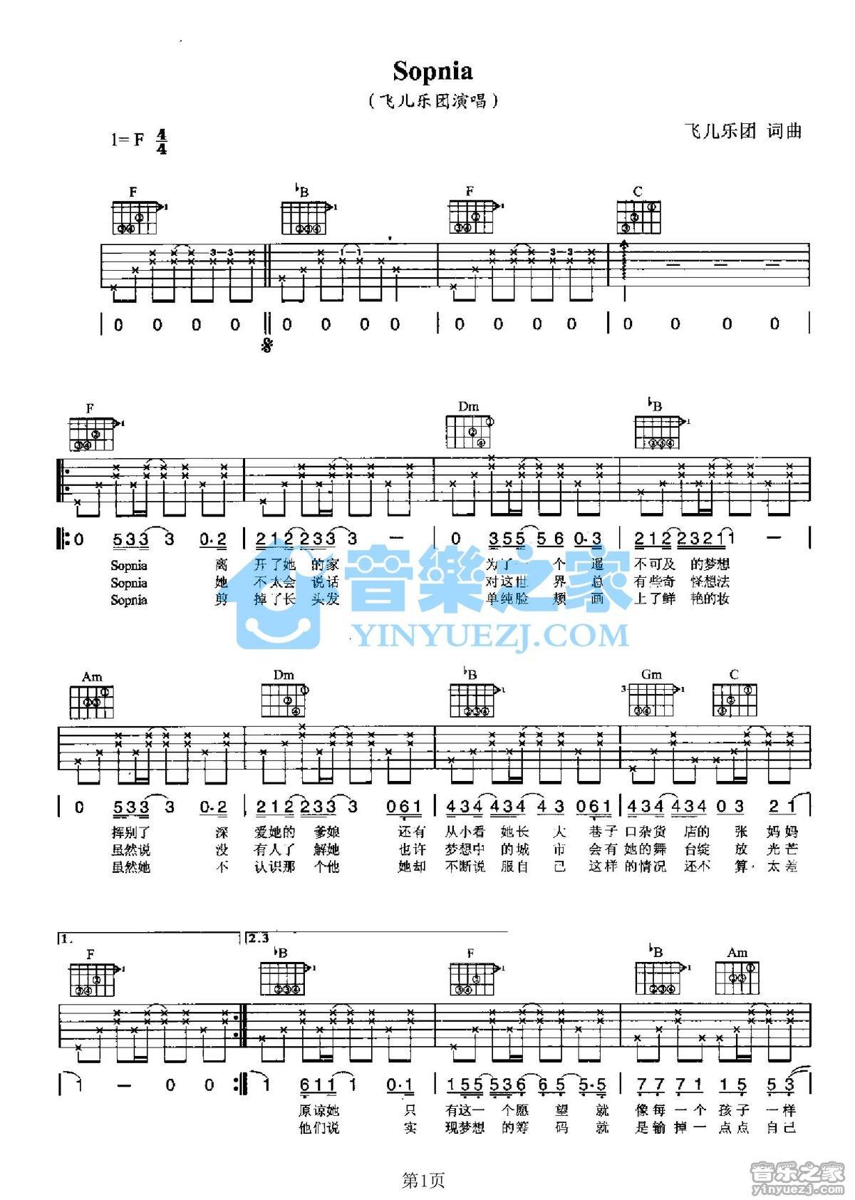Sopnia吉他谱,原版歌曲,简单F调弹唱教学,六线谱指弹简谱2张图