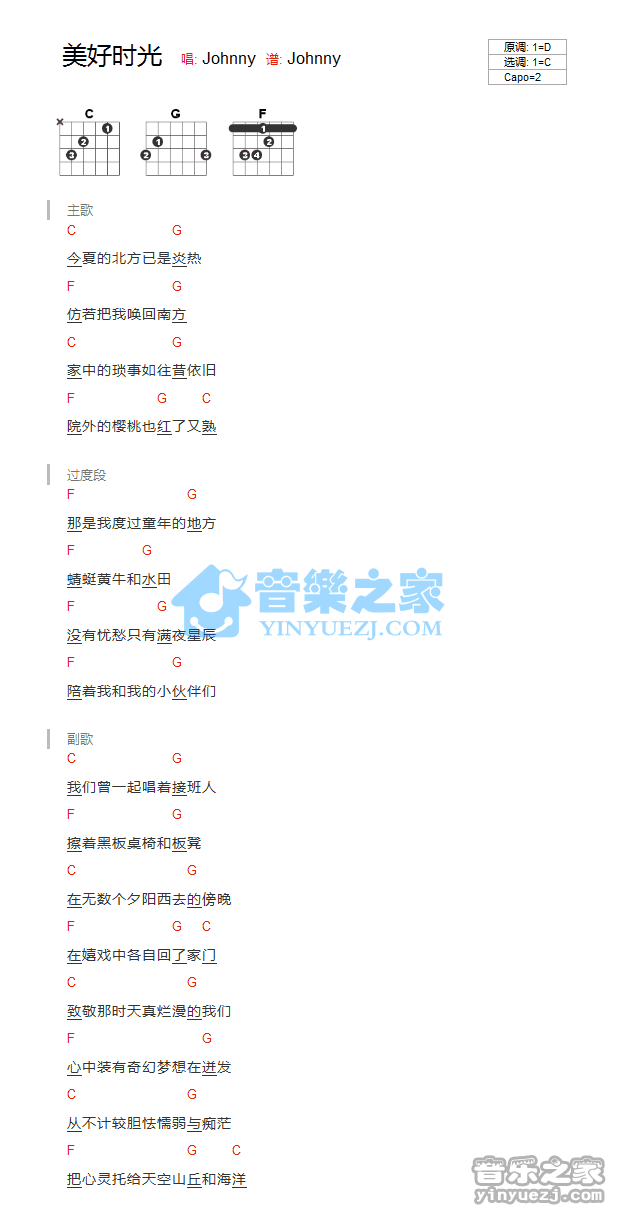美好时光吉他谱,原版歌曲,简单C调弹唱教学,六线谱指弹简谱1张图