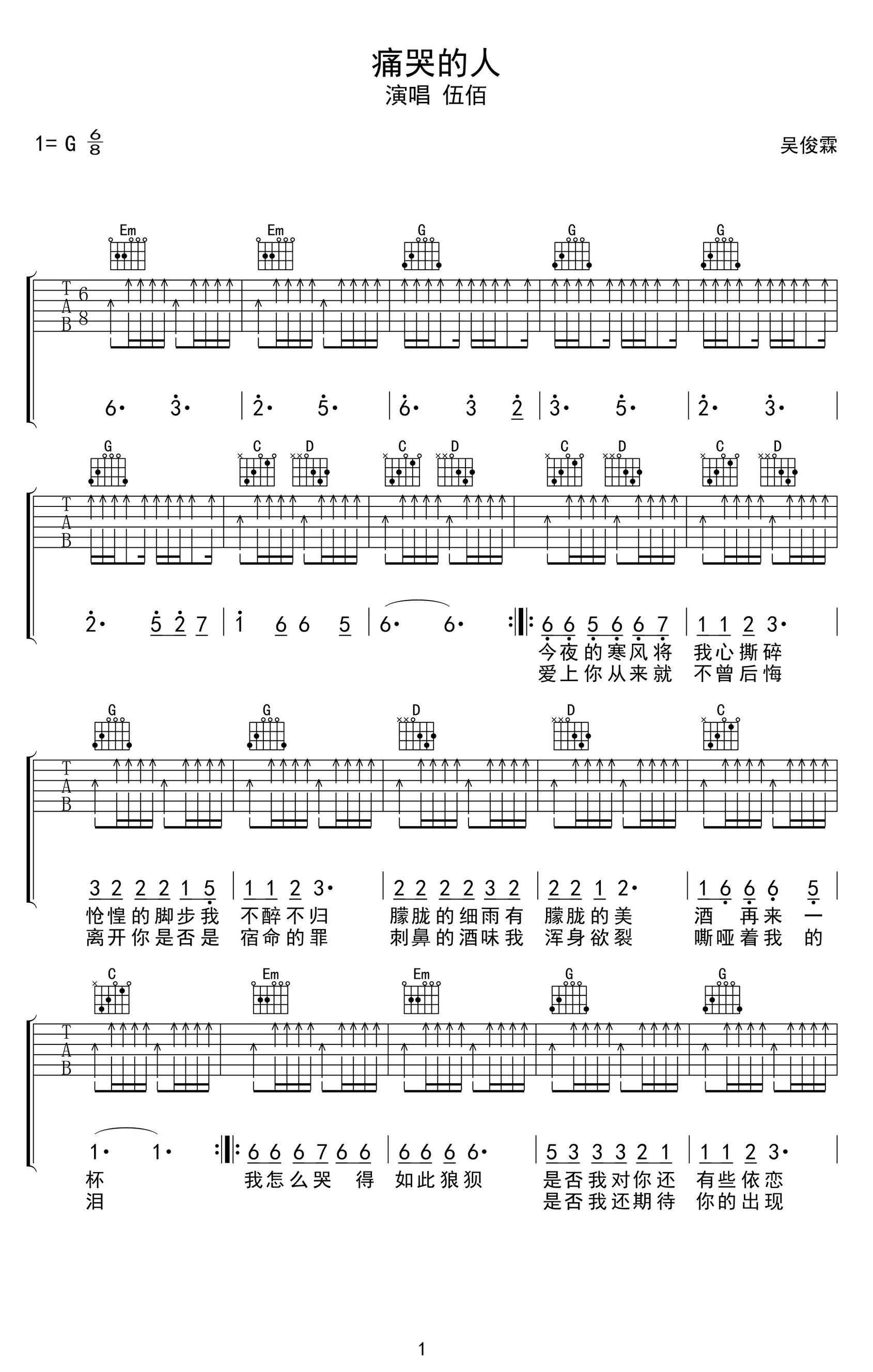 痛哭的人吉他谱,原版歌曲,简单G调弹唱教学,六线谱指弹简谱3张图