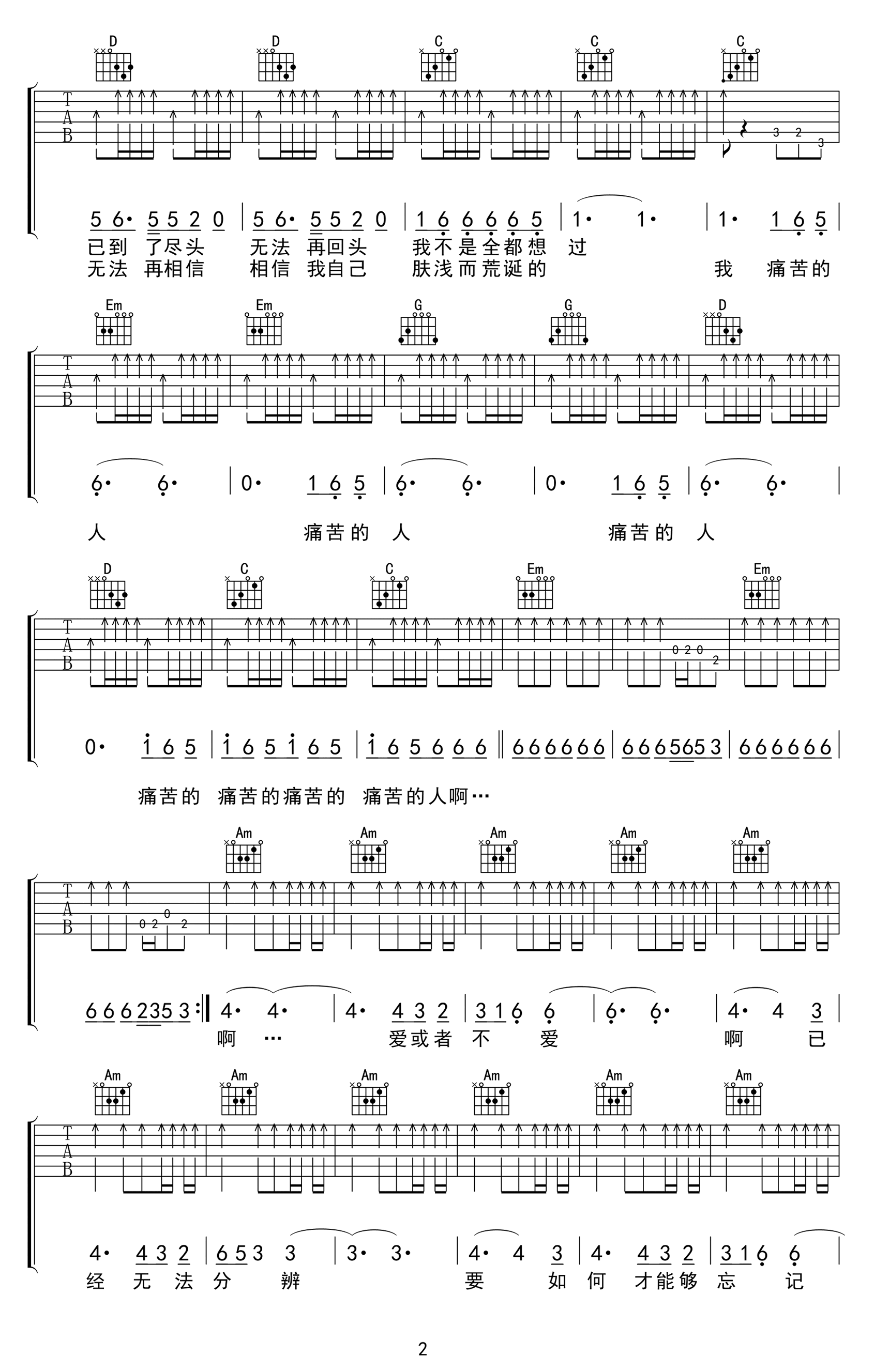 痛哭的人吉他谱,原版歌曲,简单G调弹唱教学,六线谱指弹简谱3张图