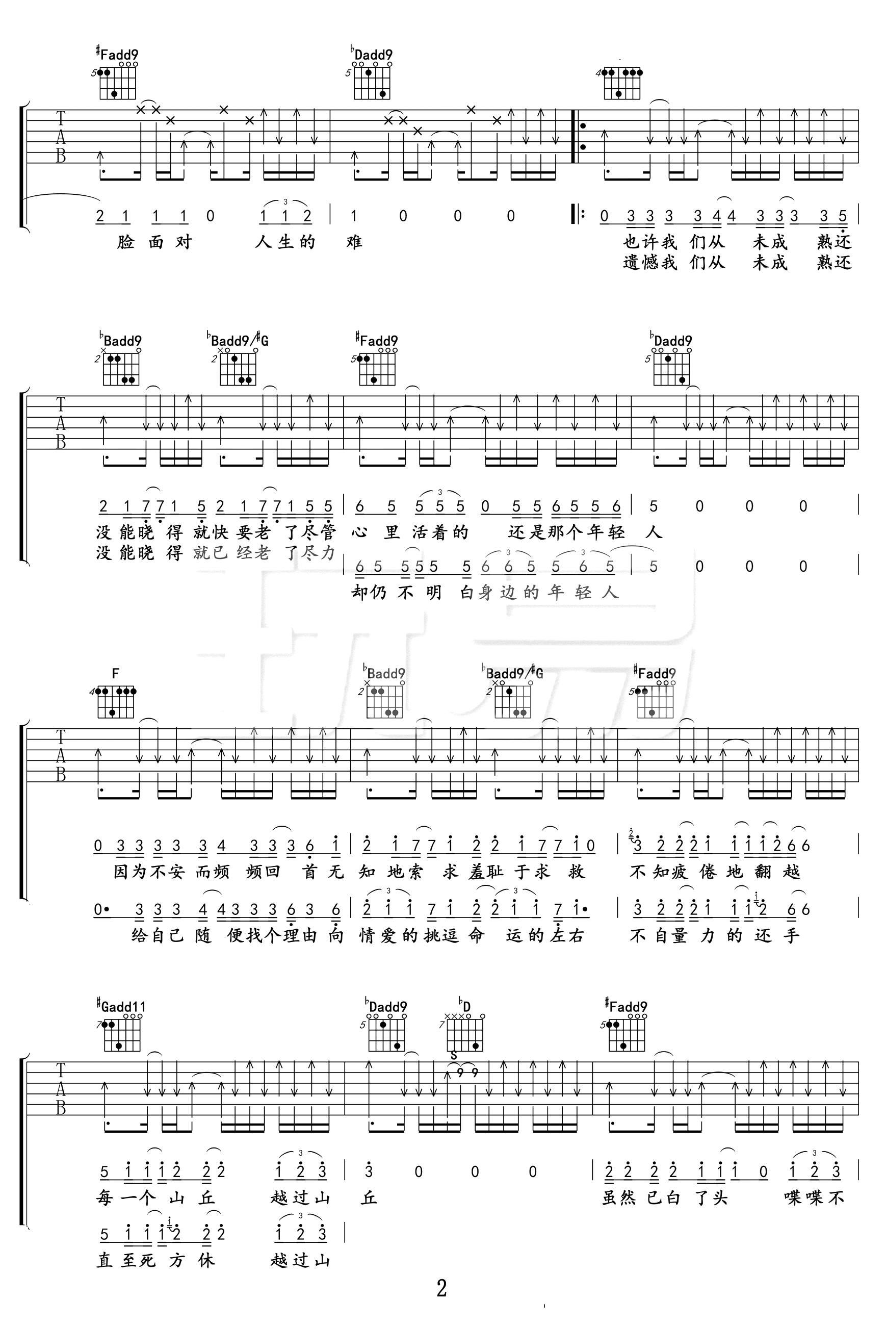 山丘吉他谱,原版歌曲,简单E调弹唱教学,六线谱指弹简谱4张图