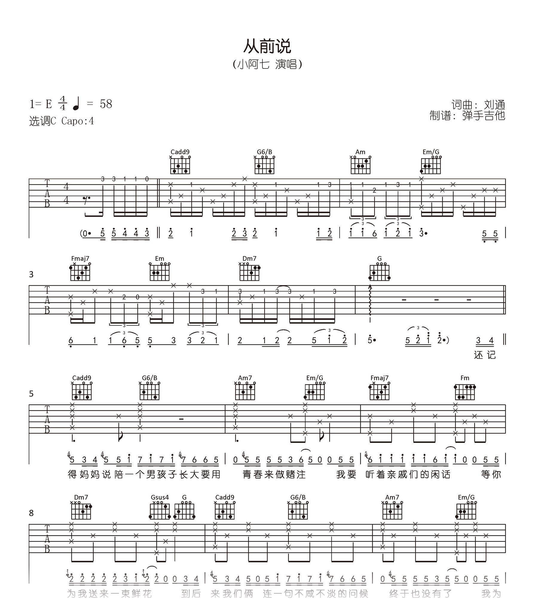 从前说吉他谱,原版歌曲,简单E调弹唱教学,六线谱指弹简谱1张图