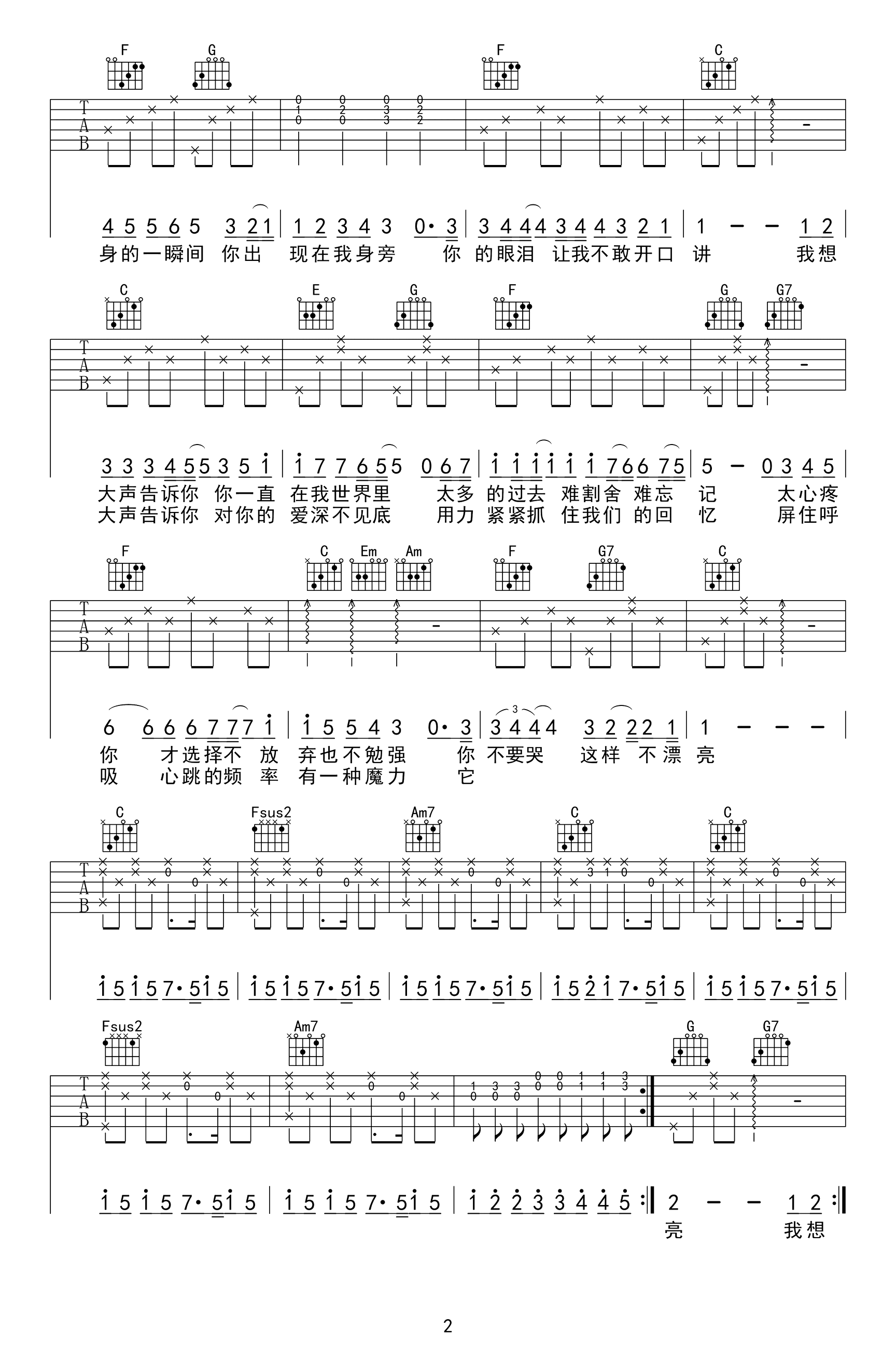 我想大声告诉你吉他谱,原版歌曲,简单C调弹唱教学,六线谱指弹简谱3张图