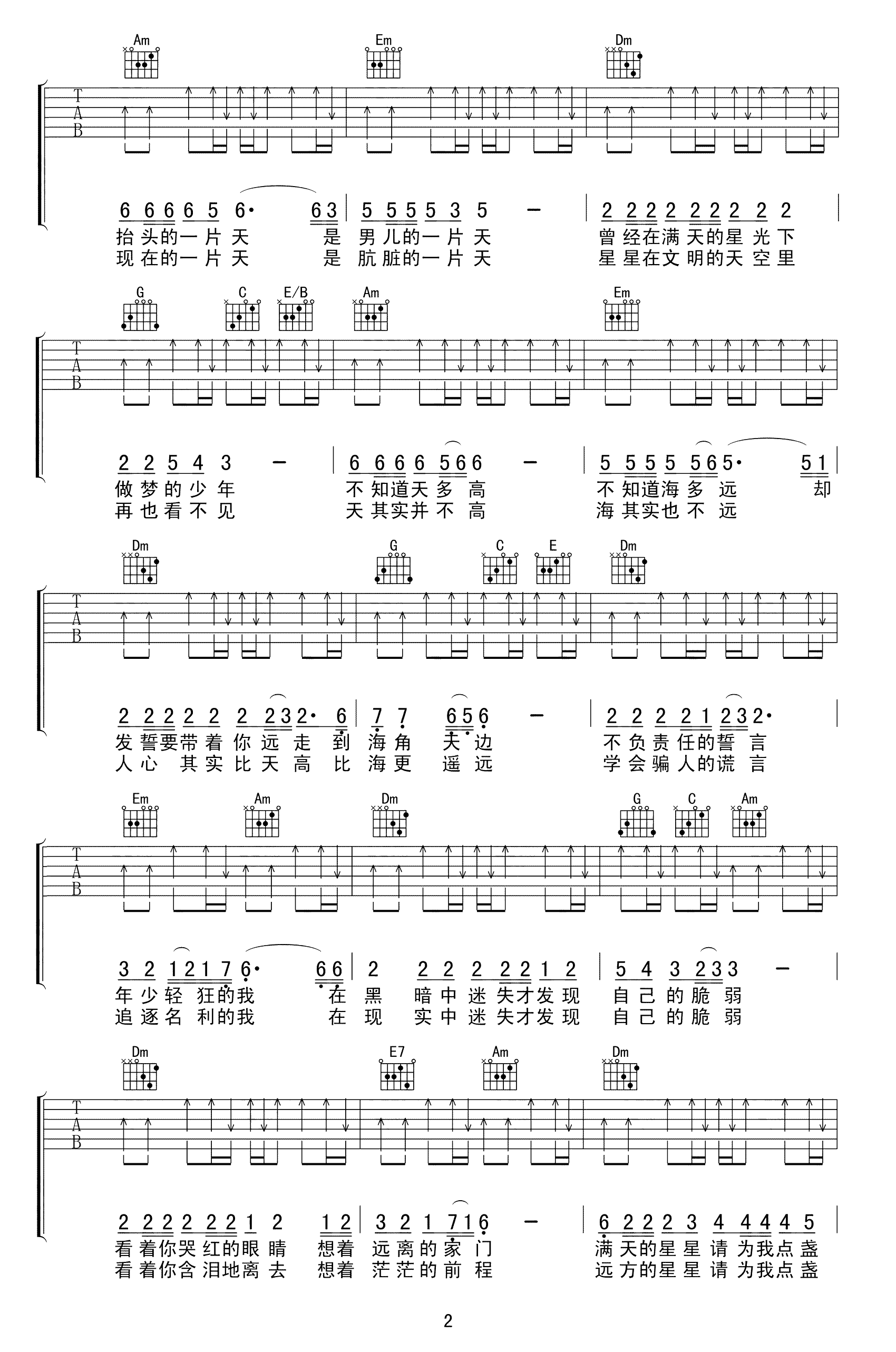星星点灯吉他谱,原版歌曲,简单E调弹唱教学,六线谱指弹简谱4张图