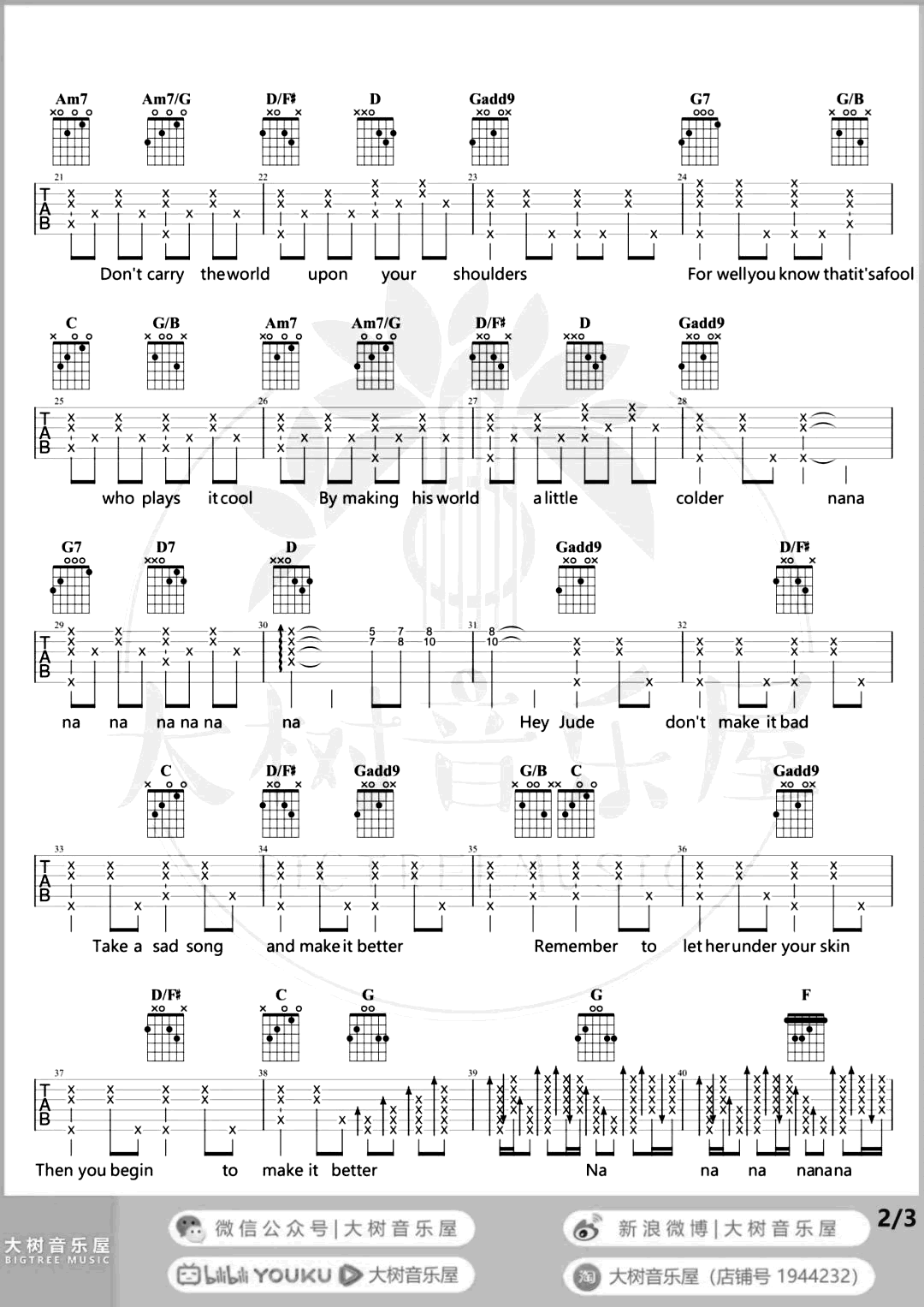 HeyJude吉他谱,原版歌曲,简单G调弹唱教学,六线谱指弹简谱3张图