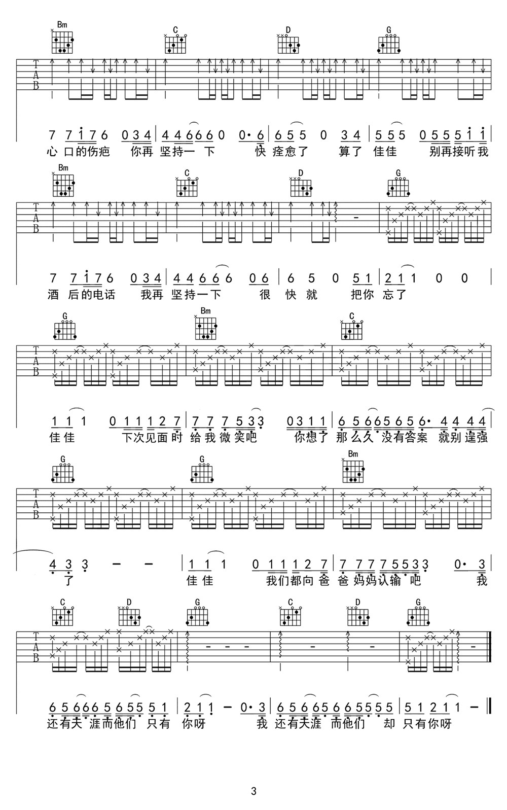 佳佳吉他谱,原版歌曲,简单G调弹唱教学,六线谱指弹简谱3张图