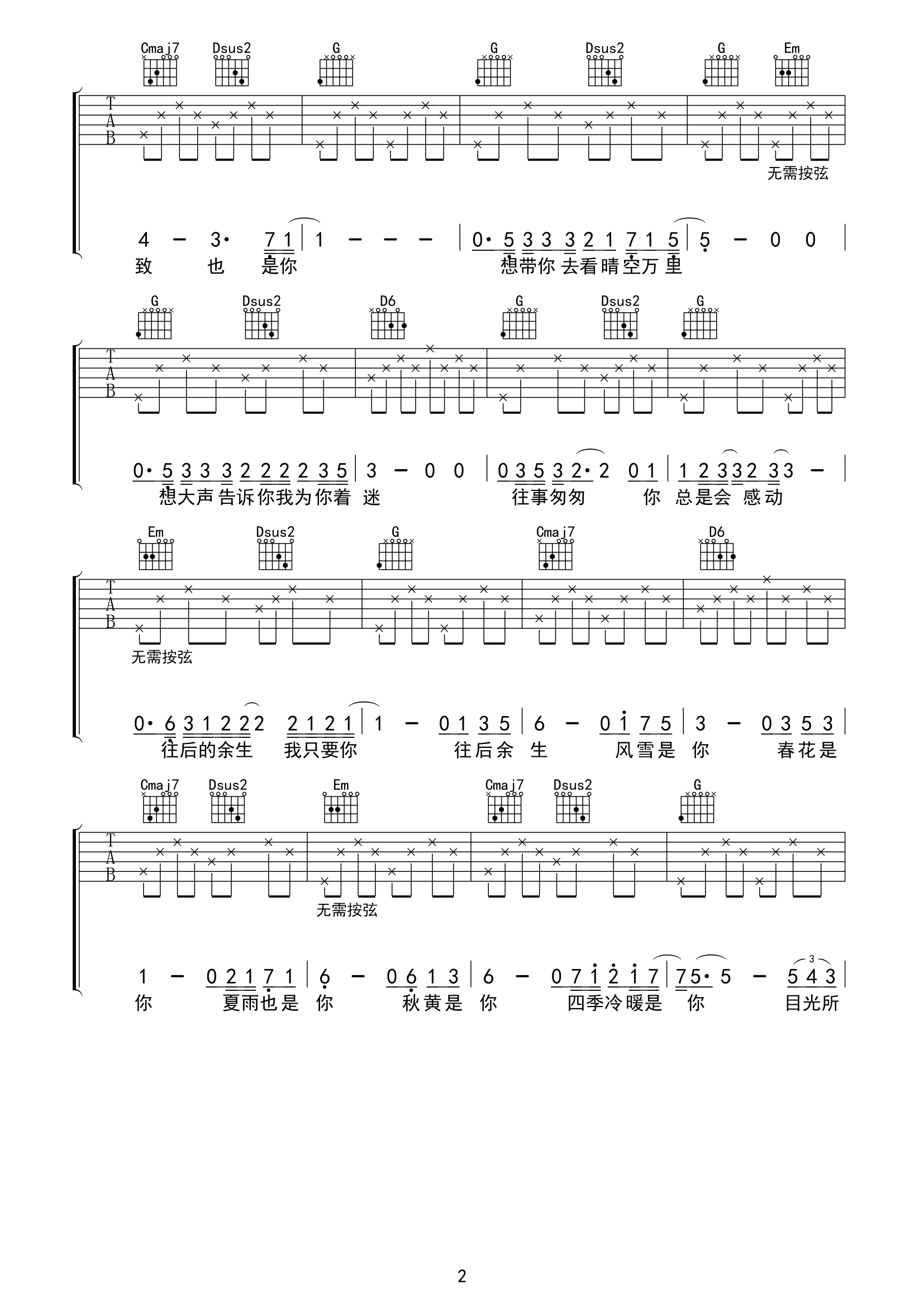 往后余生吉他谱,原版歌曲,简单简单版弹唱教学,六线谱指弹简谱3张图