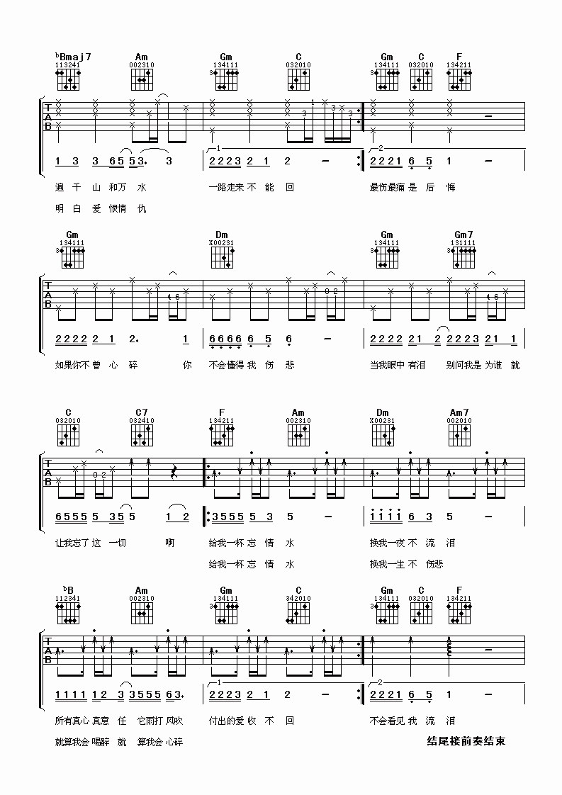 忘情水吉他谱,原版歌曲,简单双吉他弹唱教学,六线谱指弹简谱3张图