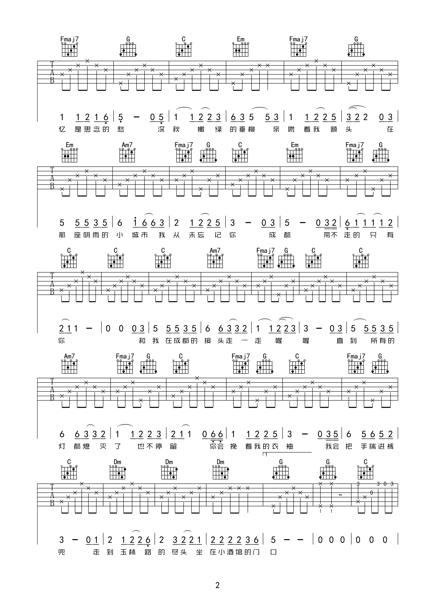 成都吉他谱,原版歌曲,简单C调弹唱教学,六线谱指弹简谱4张图